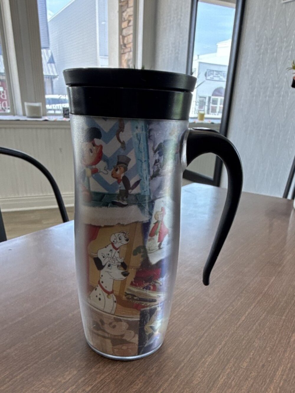 Vintage Disney Parks Character Collage Travel Mug Black Handle Lid Whirley 16oz